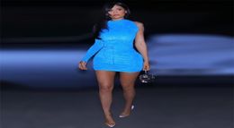 Innovative Kyliejenner Velvet Mini Dress Shiny Light Blue Ruched Long Sleeve One Shoulder Clubwear with Tie in Asymmetric Style Y29817021