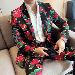 Men's Suits 2024 High Quality Slim-fit Men With Big Red Flowers (suit Trousers) Business Casual Handsome Trend All-in-one Banquet Suit