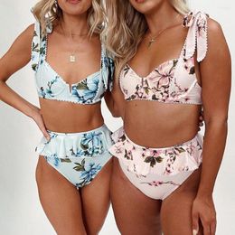 Women's Swimwear QINJOYER High Waist Bikini Floral Print Swimsuit Women Sexy Lace Underwire Set Ruffle Swim Bathing Suits