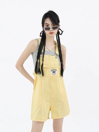 Women's Shorts Dopamine Wearing Workwear Strap Pants 2024 Summer Sweet Yellow Wide Leg Jumpsuit Cute Girl Y2K