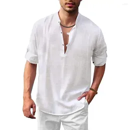 Men's Casual Shirts Men Solid Color Shirt Vintage Soft Breathable Summer T-shirt V Neck Long Sleeves Loose Pullover Mid Length Sports