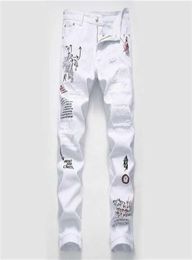New Men Streetwear personality Ripped printed white skinny Jeans Hip Hop Punk Casual motorcycle stretch denim jeans trousers X06219187936