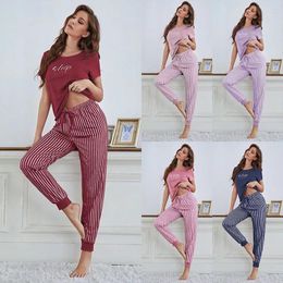 Home Clothing Wear Women's Short-Sleeved White Striped Ankle-Tied Trousers Letter Printed T-shirt Pyjamas