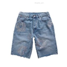 Mens jeans short flower Diamond Denim shortpants Slim street Hip hop jean shorts Button Fly WREATH Jeans breads black light wash blue designer Men shorts