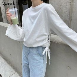 Women's T Shirts Long Sleeve T-shirts Women Solid Shirring Design Simple Spring Tops All-match Y2k Fashion Clothes Tees Casual O-Neck
