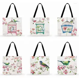 Shopping Bags Fresh Chinese Watercolour Bird Print Bag Women Casual Tote Ladies Shoulder Fashion Beach Foldable