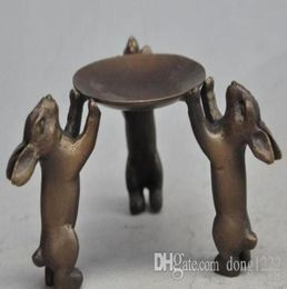 new 4quot old chinese bronze animal zodiac Lovely Rabbit Plate Lampstand Candlesticks2554055