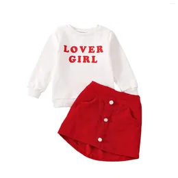 Clothing Sets Valentine's Day Kids Baby Girl Outfit Letter Print Long Sleeves Tops And Casual Button Corduroy Skirt 2Pcs Set 1-5T