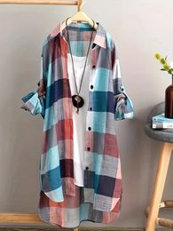 Womens Plus Size Casual Blouse Plaid Print Button Up Roll Long Sleeve Lapel Collar Longline Shirt Top 240508