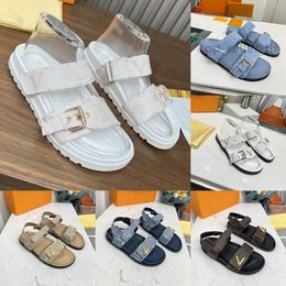 Sandals Designer Slide Slide Women Sandal Bom Dia Slifori Doppio Slide fasciate Muli Muli Denim Buckle Mule Stampa di cotone Summer Beach Tanne Scarpe da tacco piatto