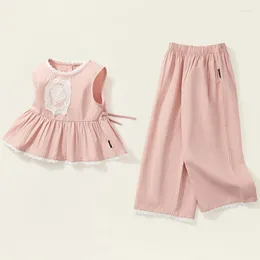 Clothing Sets Cotton Girls Sweet Pink Suit 2024 Summer Korean Baby Girl Lace Edge Splicing Sleeveless Tops Ankle-Length Pants 2pcs Set