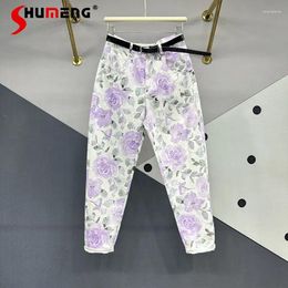 Women's Jeans Thin Light Purple Flower Printing Dyeing For Women 2024 Spring Summer High Waist Slimming Curling Tappered Harem Pants