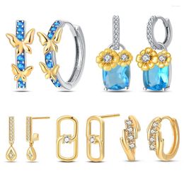 Hoop Earrings Simple Blue Zircon Gold Daisy & Butterfly Women's Premium Party Jewelry 925 Sterling Silver Earring