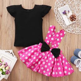 Clothing Sets 1-3Y Toddler Baby Girls Cute Dress Set Kid Costumes Short Sleeve Black T-shirt + Polka Dot Suspender Skirt Holiday Party Outfit Y2405209KWH