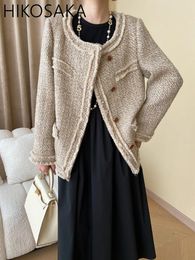 Women's Jackets Korean Chic Elegant Vintage U-neck Weave Tweed Coats Single Breasted Long Sleeve Top 2024 Autumn Small Fragrance Outwear