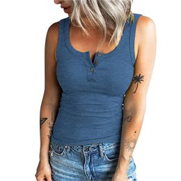 Ribbed Knitting Tank Top Summer Women Sexy Button ONeck Sleeveless Spaghetti Strap Vest Woman Casual Blue Corset Tops 240507