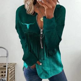 Women's Hoodies Women Shirt Pullover Chic V-neck Tassel Print Sweatshirt Blouses With Front Zipper Casual Trendy For Everyday