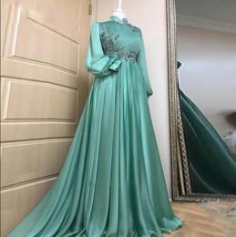 tiffany Green Moroccan Evening Dresses with long Puffy Sleeve high neck Bead A Line Muslim Prom Gown Pleat Caftan Womens Formal Vestido De Noche
