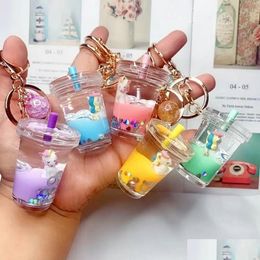 Party Favor Keychain Acrylic Milk Drinks Tea Cups Little Daisy Moving Liquid Key Chain For Kids Bag Pendant Toys Birthday Drop Deliver Dhv12