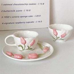 Creative Coffee Cup Ceramic Pink Tulip Flower Tea Mug Coffee Afternoon Tea Cup Cake Plate Assiettes Mariage Kitchen Accessories 240520