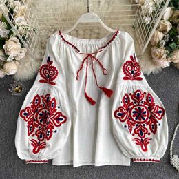 Womens Blouses Womens Retro Blouse National Style Embroidered Lace-Up Tassel V-Neck Lantern Sleeve Tops Loose All-Match Female Blusa