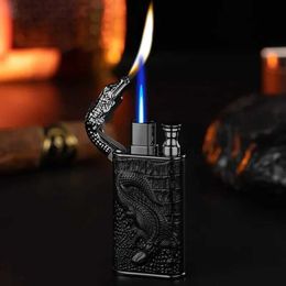 Lighters 2023 3D Rescue Dragon Crocodile Double Flame Light Metal Windproof Jet Flame Open Flame Conversion Gas Light Smoking Mens Gift S24513