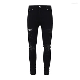 Men's Jeans Street Fashion Men Black Stretch Elastic Skinny Fit Ripped Leather Patched Designer Hip Hop Brand Pants Hombre