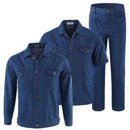 Summer Men Uniform Jeans Sets Long Sleeve Jacket Slim Cotton Two Pieces Breathable Male Wear Resistant Denim Suits Size 4XL 240518