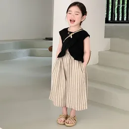 Clothing Sets Girl's Summer Round Neck Sleeveless Top Pleated Suit Stylish Waist Casual Pants Holiday Style Beach Two-piece Set