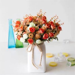 Decorative Flowers 21Heads Artificial Silk Small Rose Bunch Wedding Home Decor White Eucalyptus Leaves Peony Bouquet Table Party Vase