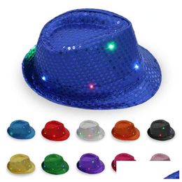 Party Hats Led Jazz Flashing Light Up Fedora Caps Sequin Cap Fancy Dress Dance Hat Unisex Hip-Hop Lamp Luminous Gga2564 Drop Deliver Dhpjz
