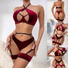 Bras Sets Erotic Clothes For Women Velvet Crisscross Halter Red Lingeries With Garters Hollow Out 3 Piece Underwear