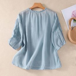 Women's Blouses Women Embroidered Shirt Comfortable Stylish Floral Summer With Buttoned O-neck For