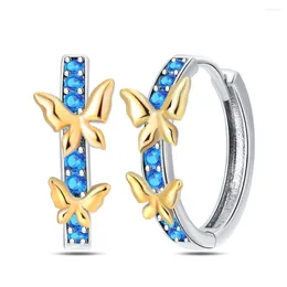 Hoop Earrings Romantic 925 Sterling Silver Blue Zircon Gold Butterfly Double Women Elegant Jewellery Set Accessories