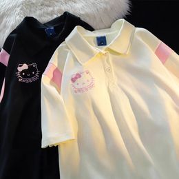 Polo collar stitching cute kitty cat cotton short sleeve T shirt female loose summer college style student couple jacket