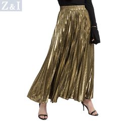 Women Silver Gold Skirt Lady Midi Skirts Elastic High Waist Metallic Pleated Skirt For Party Ladies Saia Fenimias Send Soon Y190429678771