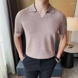 Men's Polos Silky Solid Colour V-Neck Polo Shirts For Men Short Sleeved Casual Summer Quality Soft Comfortable Elastic Slim Camisas De Hombre