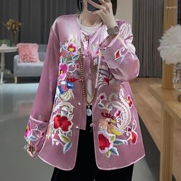 Ethnic Clothing 2024 Autumn Chinese Style Small Standing Collar Single Breasted Exquisite Embroidery Phoenix Acetate Fiber Coat S-XXL