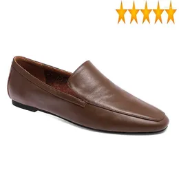 Casual Shoes Cowhide Genuine Leather Luxury Women Office Square Toe Flat England Style Loafers Brown Mocassin Femme