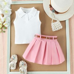 Clothing Sets 0-5Y Little Girls Summer Skirt Sleeveless Lapel Vest Tops Pleated Short Skirts Belt Outfits Kids Opening Season Clothes