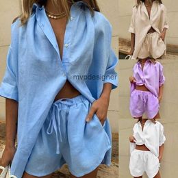 Women's Tracksuits Womens Tracksuits Women Lounge Wear Shorts Set Short Sleeve Shirt Tops And Loose Mini Suit Two Piece Cotton Linen Summer Tracksuit