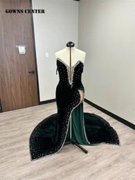 Party Dresses Dark Green Velvet High Slit Mermaid Prom 2024 Luxury Gown Black Girls Sweetheart Cocktail Dress Sliver Beaded Elegant