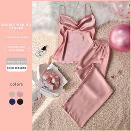 Ice silk pajama set, spring and summer suspender pants, two-piece set, fashionable and slim, casual and comfortable home clothing for women