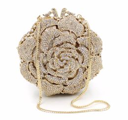 DesignerLuxury Crystal Clutch Evening Bag Golden Rose Flower Party Purse Women Wedding Bridal Handbag Pouch Soiree Pochette Bag7223241