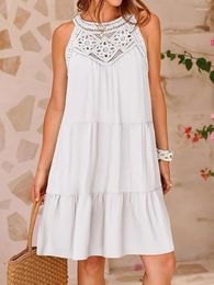 Casual Dresses Women White Dress A Line Mid Length Halter Sleeveless Beach Hollow Backless Boho Elegant Splice Summer Vestidos