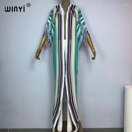 Summer Africa Women Coat Long Dress Elegant Boho Maxi Beach Swimming Cover Up Hollow Sexy Knitted Stripe Printing