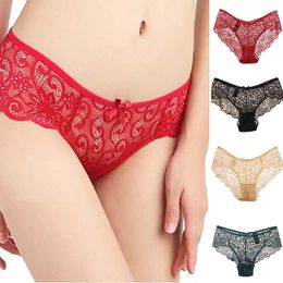 Women's Panties Sexy Mid-waist Lace Briefs Soft Underwear Fashionable Transparent Light Breathable Solid Color Hip-lifting