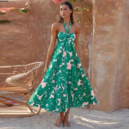 Casual Dresses Womens Summer Boho Beach Dress Sexy Halter Neck Sleeveless Smocked Backless Cut Out Floral Flowy A Line Vacation Maxi