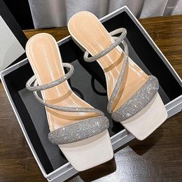 Casual Shoes 41-43 Plus Size Rhinestone Sandals Women Glitter Beading Slippers Low Heel Narrow Strap Slides Crystal Gladiator Sandalias