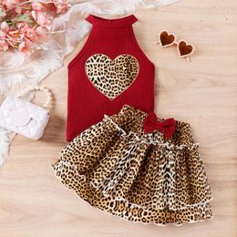 Clothing Sets 2024 Summer Girls Clothes Sleeveless Halter Heart Print T-shirt Tops Leopard Pleated Skirt Kids Fashion